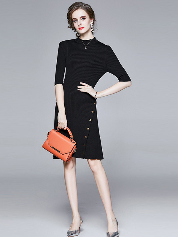 Black Stand Collar Button Decoration Knit Midi Dress