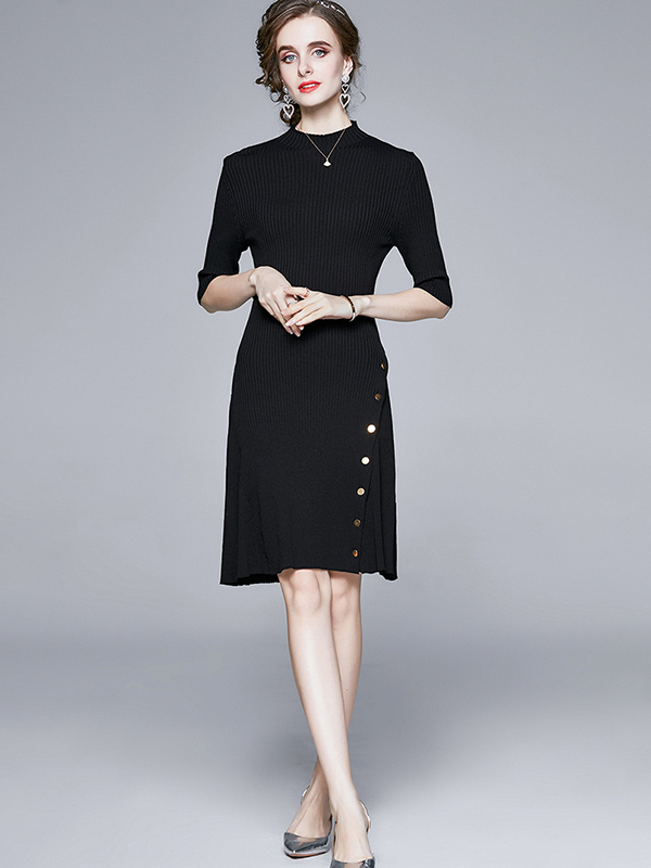 Black Stand Collar Button Decoration Knit Midi Dress