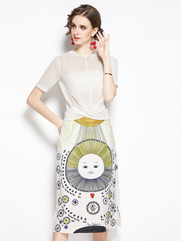 White Sun Print Short Sleeves Knit Dress