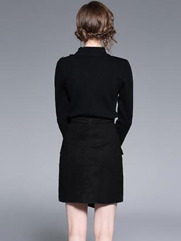 Black Knit Mini Dress with Asymmetrical Trim