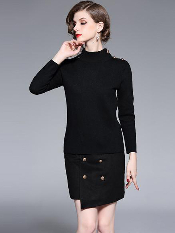 Black Knit Mini Dress with Asymmetrical Trim