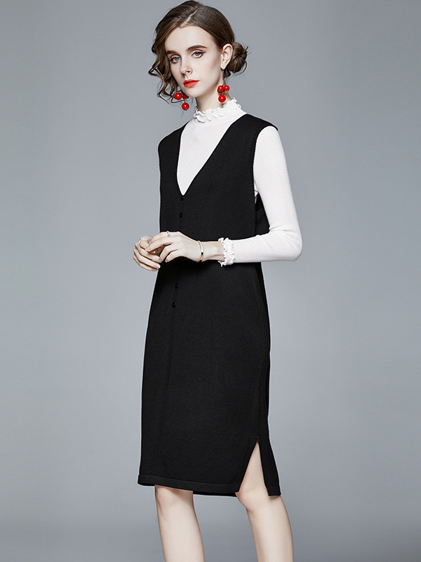 Black Knit Sleeveless Midi Dress with White Top