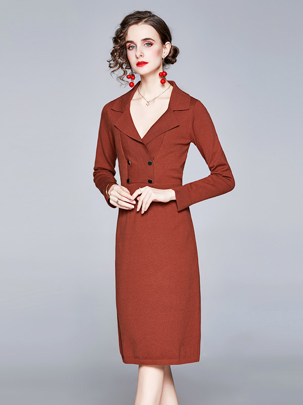 Brick Red Lapel Tailored Blazer Knit Dress