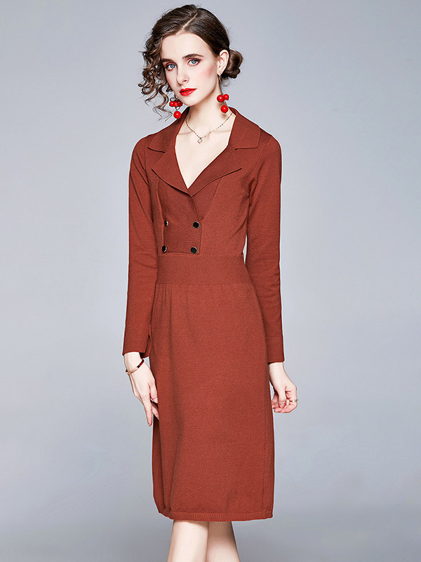 Brick Red Lapel Tailored Blazer Knit Dress