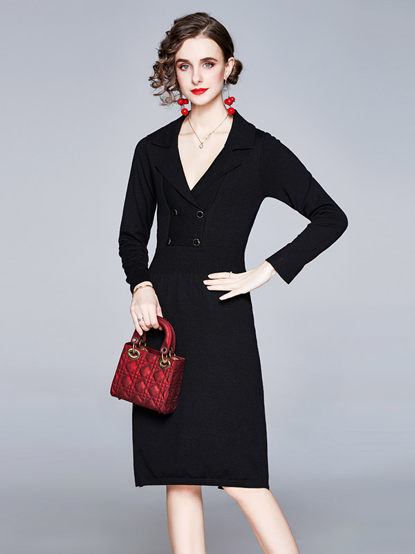 Black Lapel Tailored Blazer Knit Dress