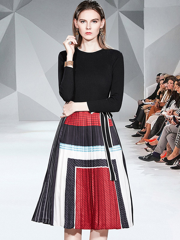 Black Knit Top with Red Pleated Skirt