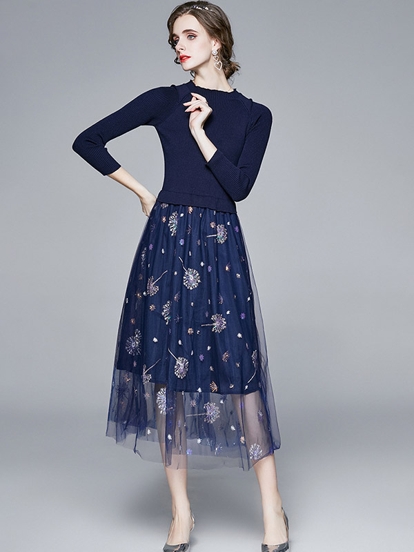 Navy Blue Knit Dress with Embroidered Sequined Mesh