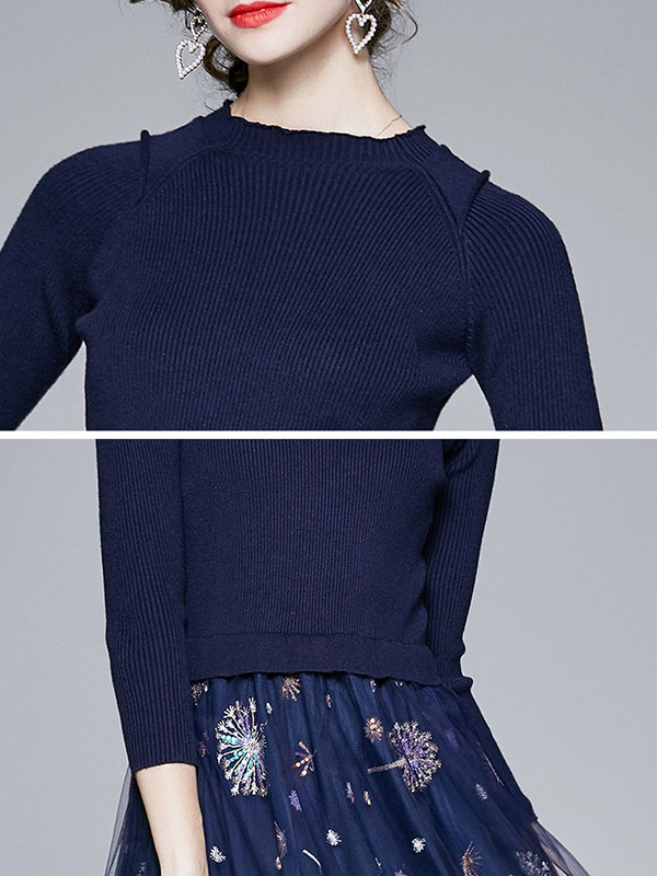 Navy Blue Knit Dress with Embroidered Sequined Mesh