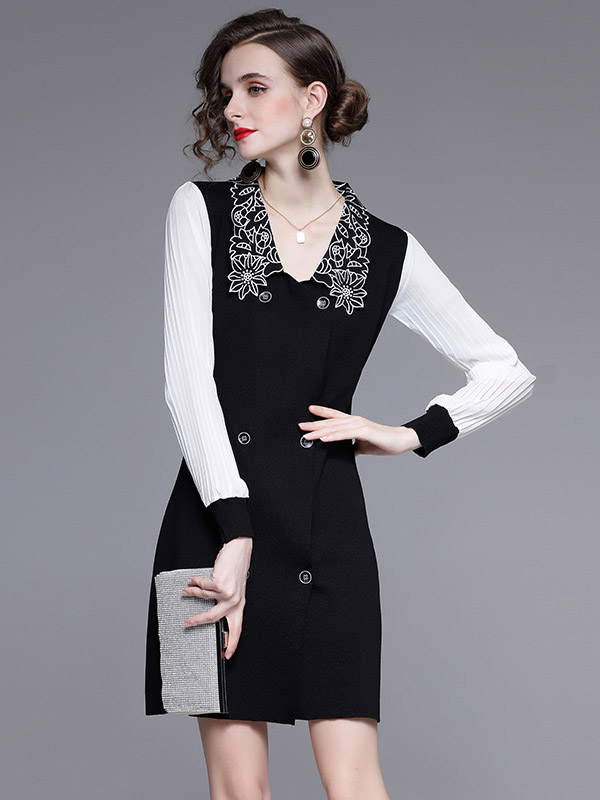 Black Flower Embroidery Collar Knit Mini Dress