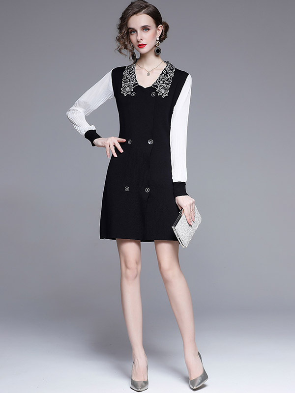 Black Flower Embroidery Collar Knit Mini Dress