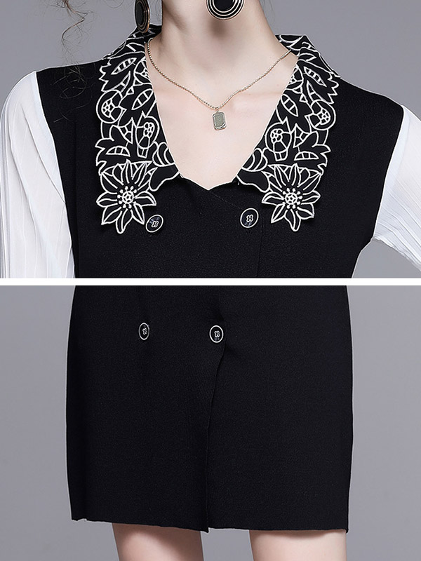 Black Flower Embroidery Collar Knit Mini Dress