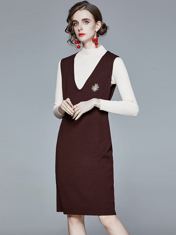 Brown Sleeveless Knitted Dress with White Top