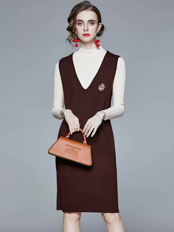 Brown Sleeveless Knitted Dress with White Top