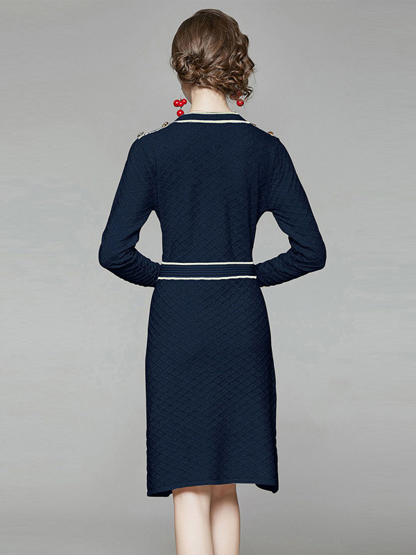 Navy Blue Round Neck Check Knit A-line Dress 