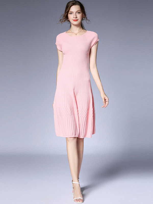 Pink Cap Sleeve Pleated Knit Dress