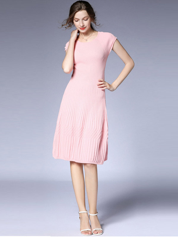 Pink Cap Sleeve Pleated Knit Dress