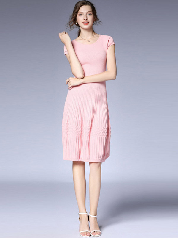 Pink Cap Sleeve Pleated Knit Dress