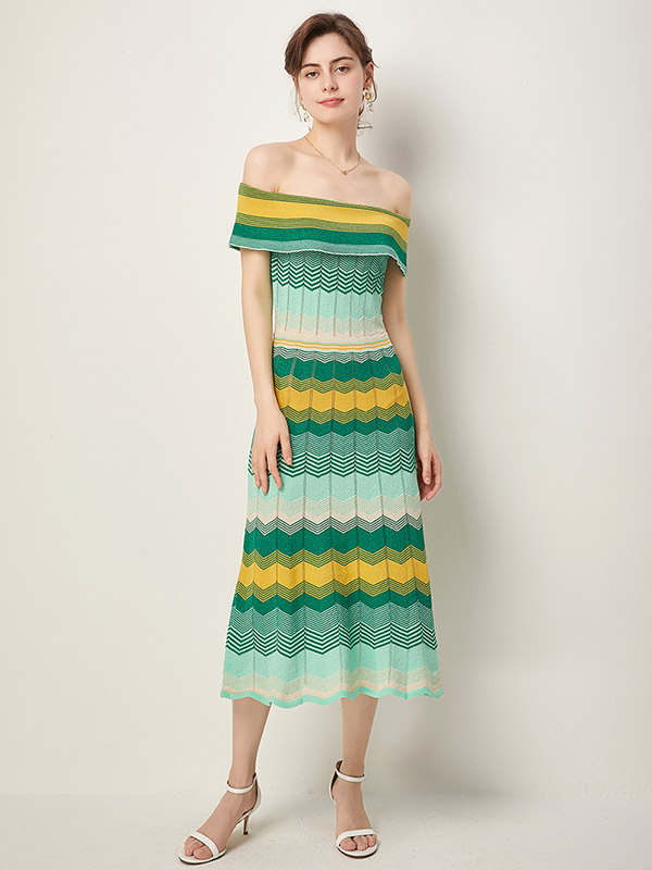 Green Off the Shoulder Striped Maxi Dress with Ruffle Detail