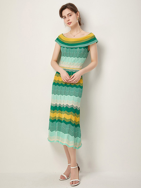 Green Off the Shoulder Striped Maxi Dress with Ruffle Detail