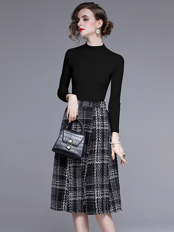 Black Stand Collar Knit Top with Plaid Skirt