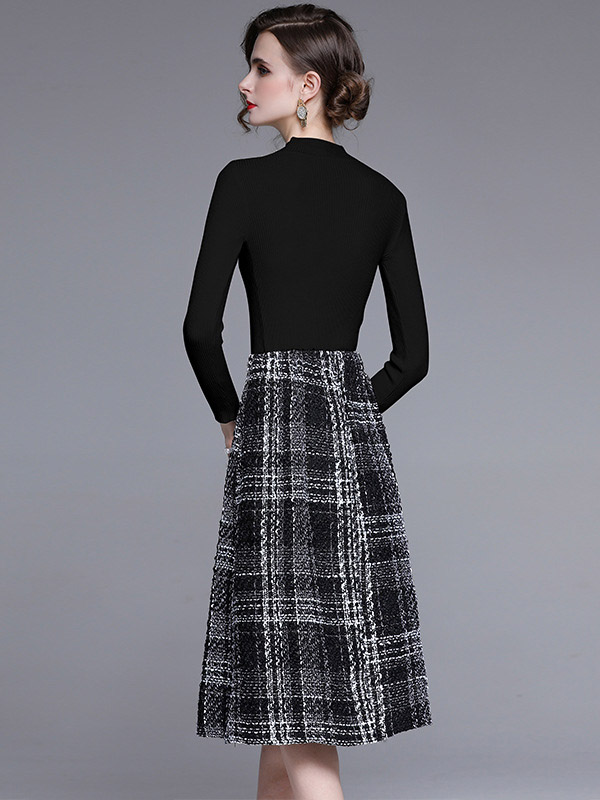 Black Stand Collar Knit Top with Plaid Skirt