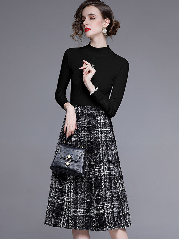 Black Stand Collar Knit Top with Plaid Skirt