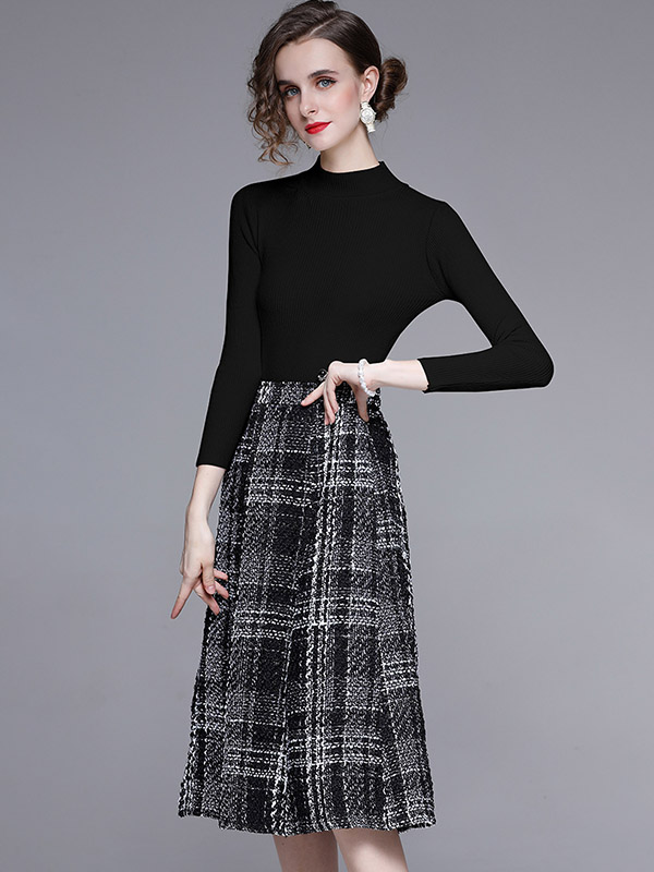 Black Stand Collar Knit Top with Plaid Skirt