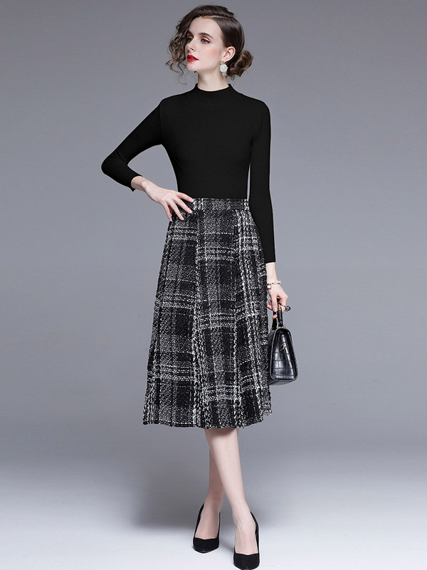 Black Stand Collar Knit Top with Plaid Skirt