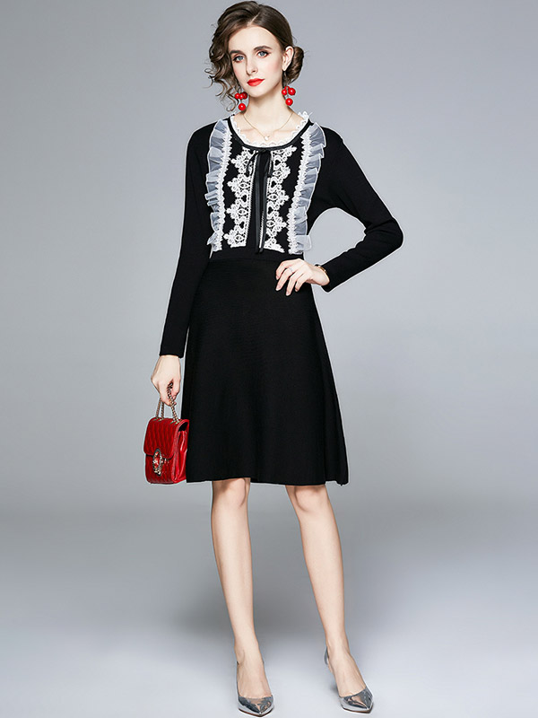 Black Round Neck Knit Dress with Lace Detail