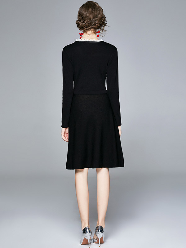 Black Round Neck Knit Dress with Lace Detail