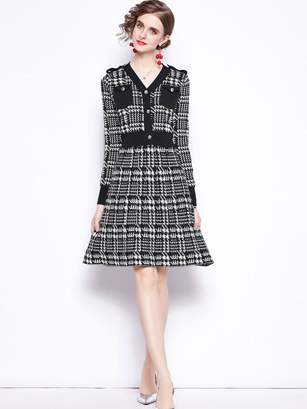 Black Houndstooth Pattern Knit Dress