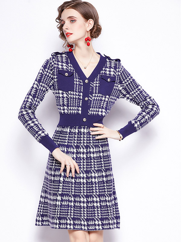 Navy Blue Houndstooth Pattern Knit Dress