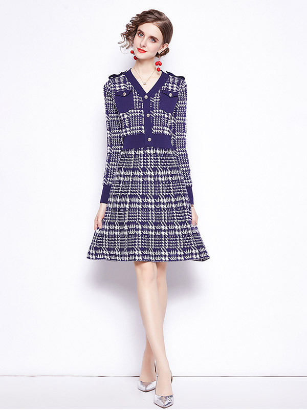 Navy Blue Houndstooth Pattern Knit Dress