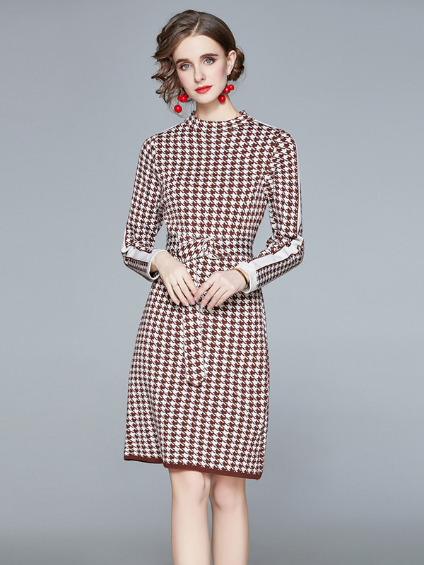 Coffee Standard Collar Houndstooth Knit Dress with Belt