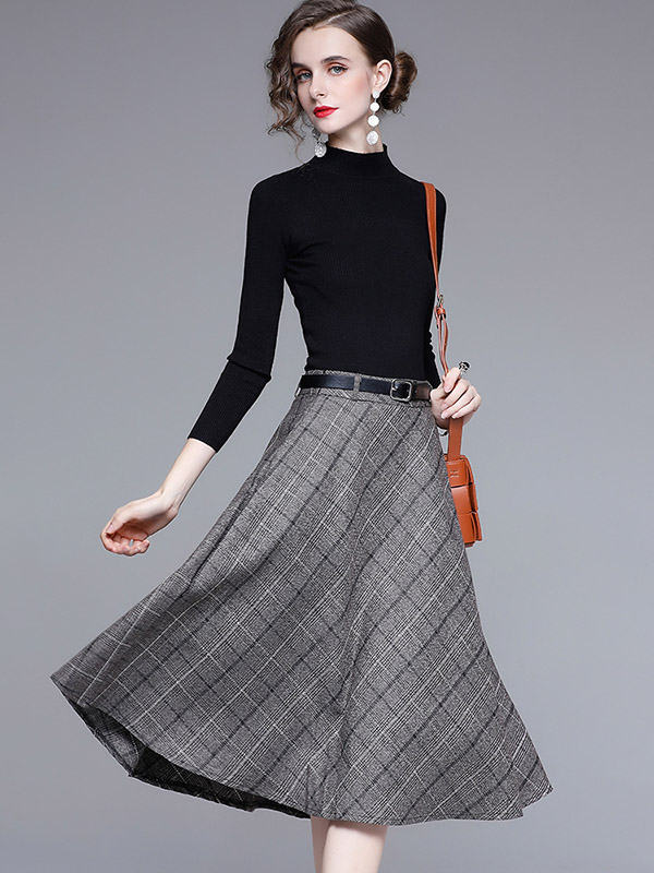 Black Knit Top and Brown Plaid Skirt Set