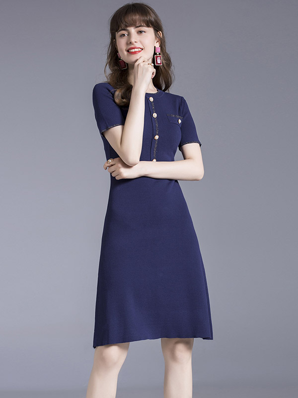 Navy Blue Gold Edge A-line Knit Dress