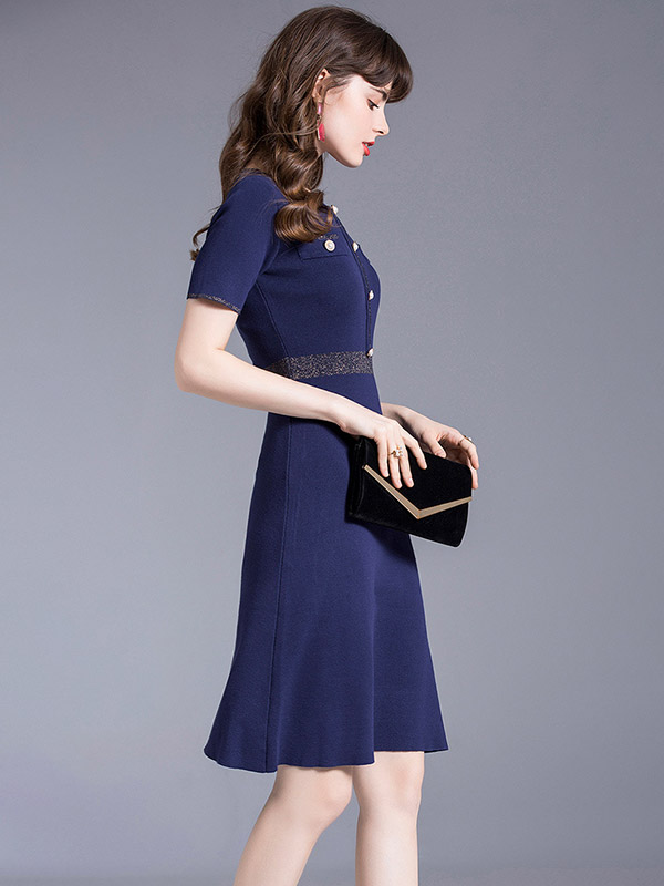 Navy Blue Gold Edge A-line Knit Dress