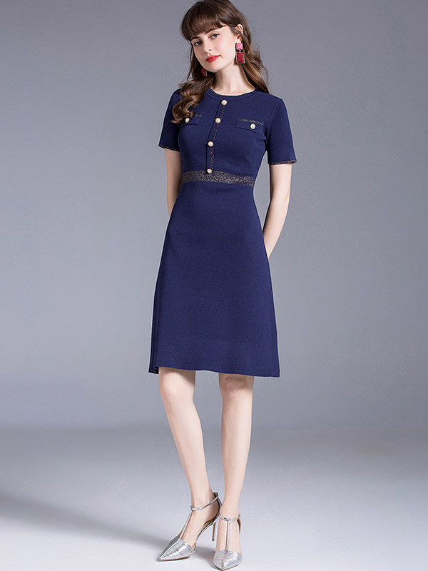 Navy Blue Gold Edge A-line Knit Dress