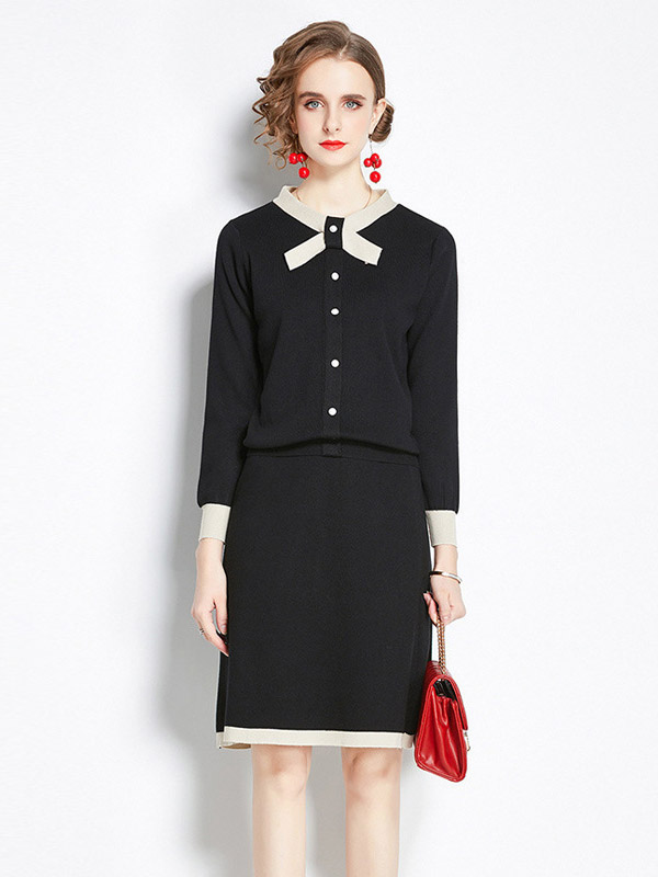 Black Knit Dress Set with Bowknot Collar