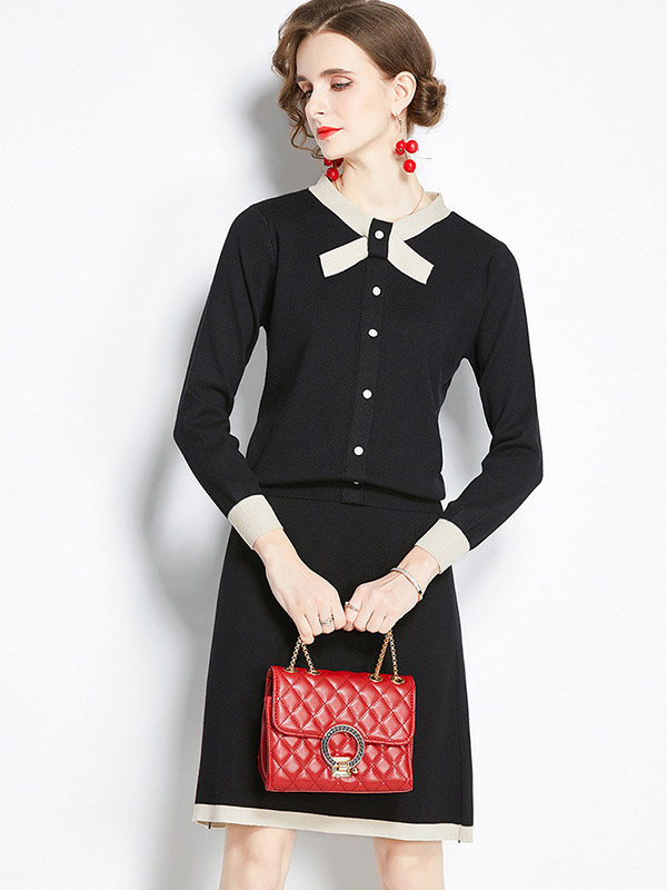 Black Knit Dress Set with Bowknot Collar