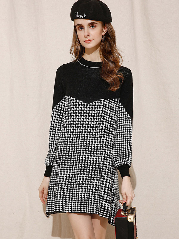 Black Round Neck Knit Dress in Houndstooth Check