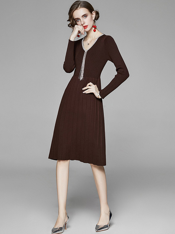 Brown V Neck Knitted Dress with Tassel Detail