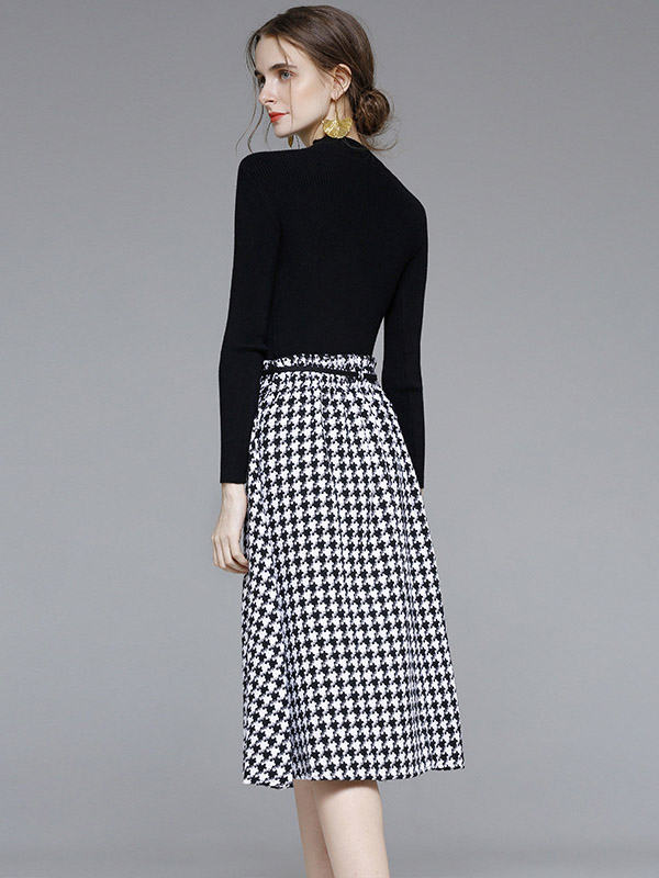 Black Tie Waist Knit Dress in Houndstooth Print