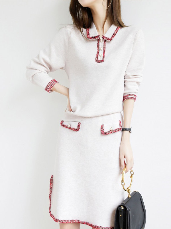 White Point Collar Knit Top and Skirt 