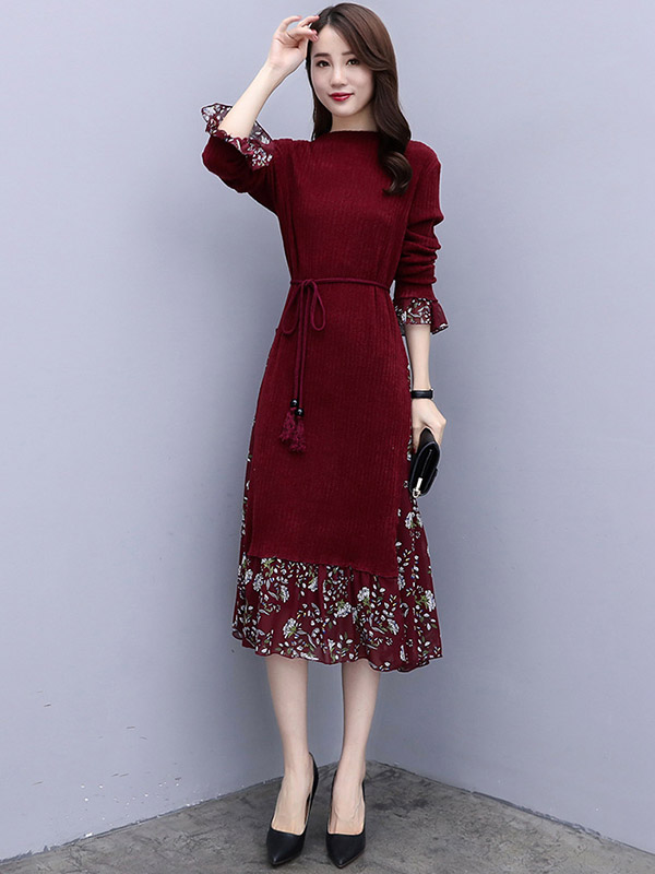 Burgundy Knitted Midi Dress in Floral Print