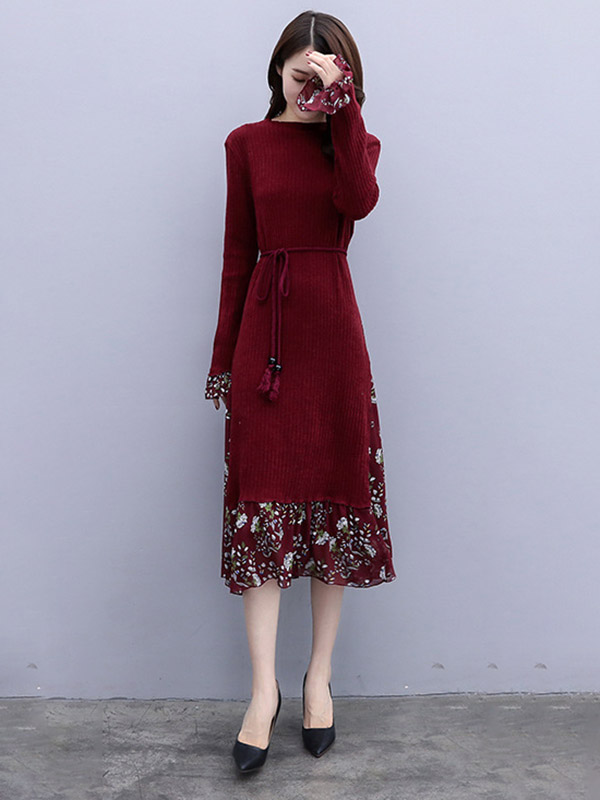 Burgundy Knitted Midi Dress in Floral Print