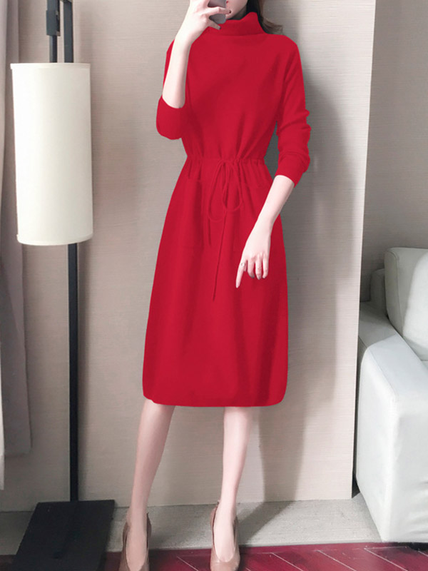 Red High Collar Tie Waist Midi Dress