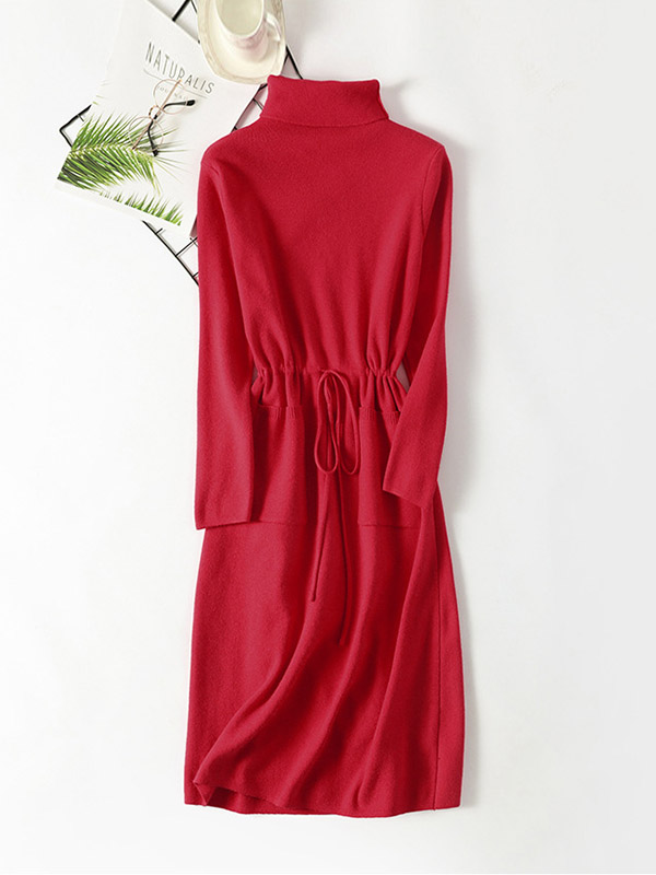 Red High Collar Tie Waist Midi Dress