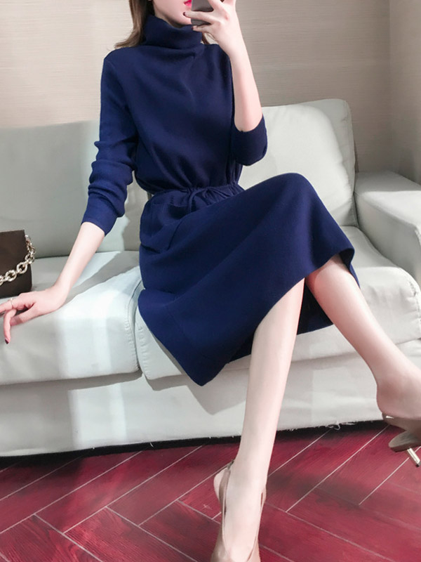 Navy Blue High Collar Tie Waist Midi Dress