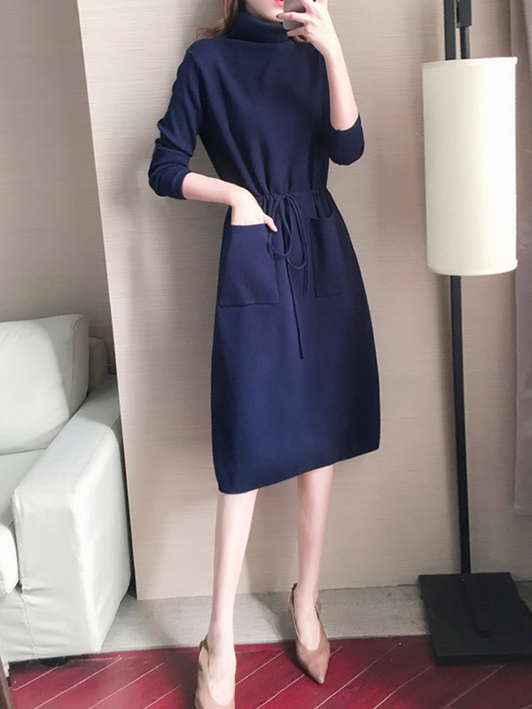 Navy Blue High Collar Tie Waist Midi Dress